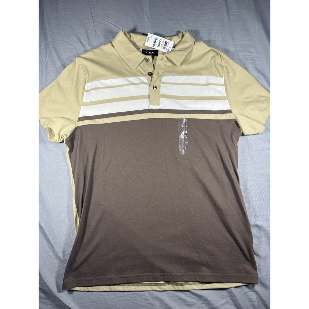 Alfani Men's Brown Tan & White Blocked Striped Short Sleeve Polo Size Large NWT